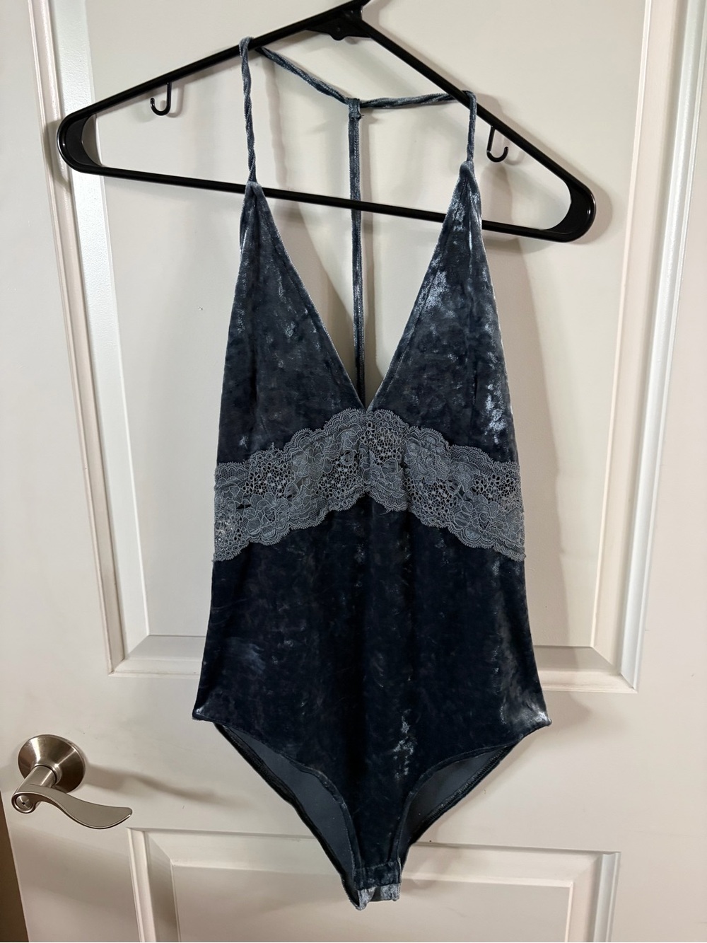 Velvet Lace-Trim Bodysuit with Open Back